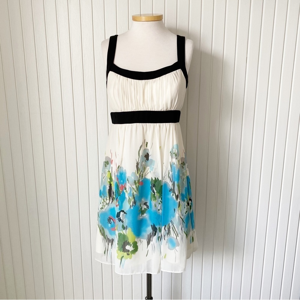 S.L. Fashions Cream Blue Black Floral Print Sundress Size 10